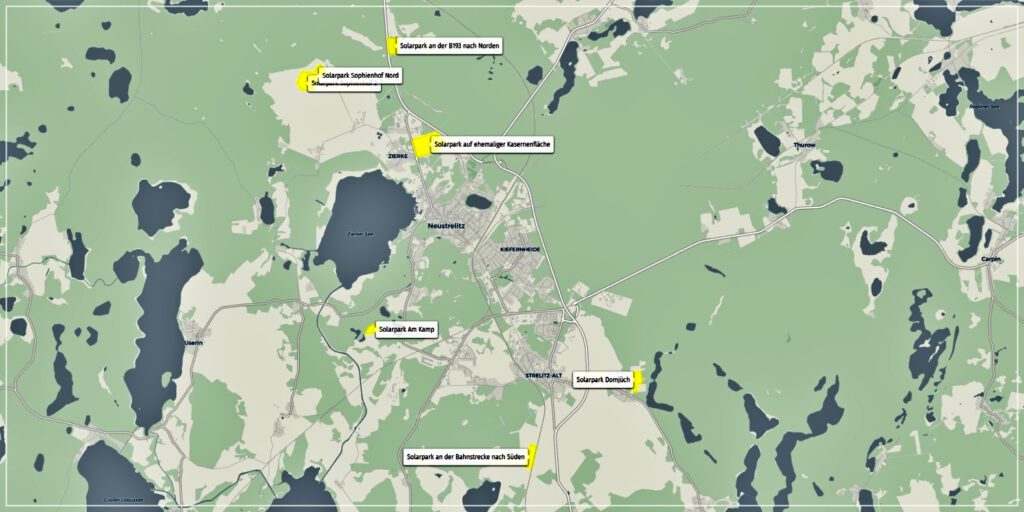 Karte mit Solarparks in Neustrelitz, Erstellt von Robert Behrendt mit Kartenmaterial von openstreetmaps